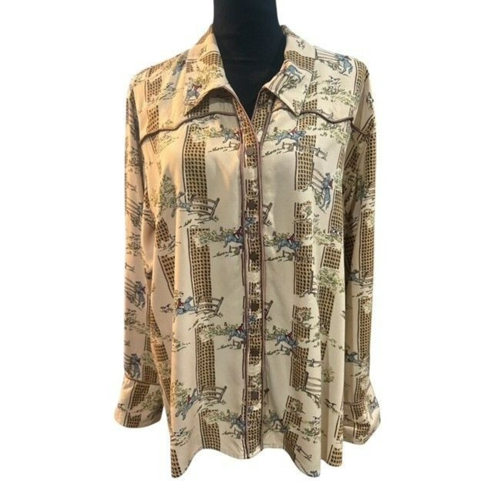 Liz Claiborne Womens Vintage Blouse Size 20W Brown Equestrian Western Snap Up
